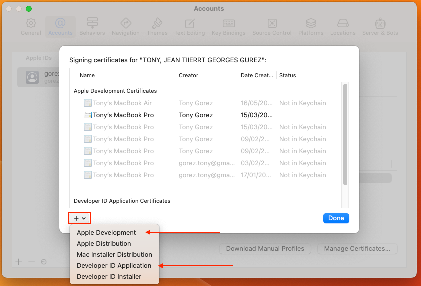 Add a certificate from xcode